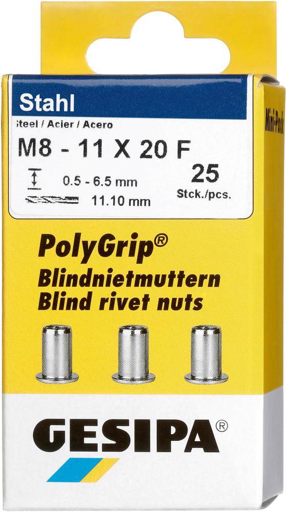 Gesipa 1464915 Blindnietmutter (Ø x L) 11 mm x 20 mm M8 Stahl Stahl Stahl PolyGrip® 25 St.-0