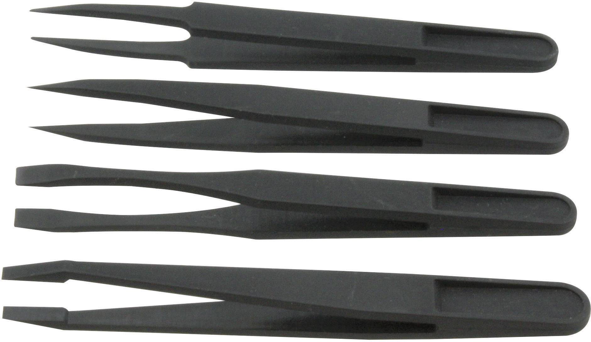 Vier schwarze Pinzetten in unterschiedlichen Formen, parallel nebeneinander liegend.