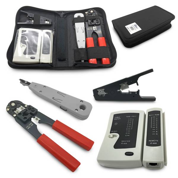 Netzwerk Werkzeugset 4-in-1 – Crimpzange RJ45, LSA Anlegewerkzeug, Netzwerktester & Abisolierer