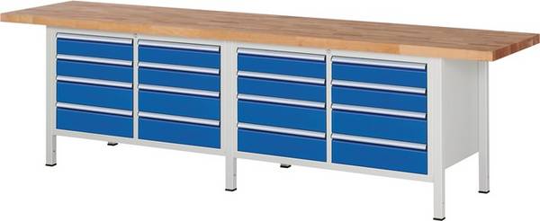 Werkbank, BxTxH 3000x700x840 mm, 16 Schubladen: 8x120/8x150 mm, Platte Buche 40 mm, RAL 7035/5010