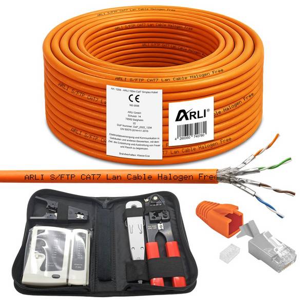 100m Cat7 Verlegekabel S/FTP PIMF + Werkzeugset + 20x RJ45 Netzwerkstecker