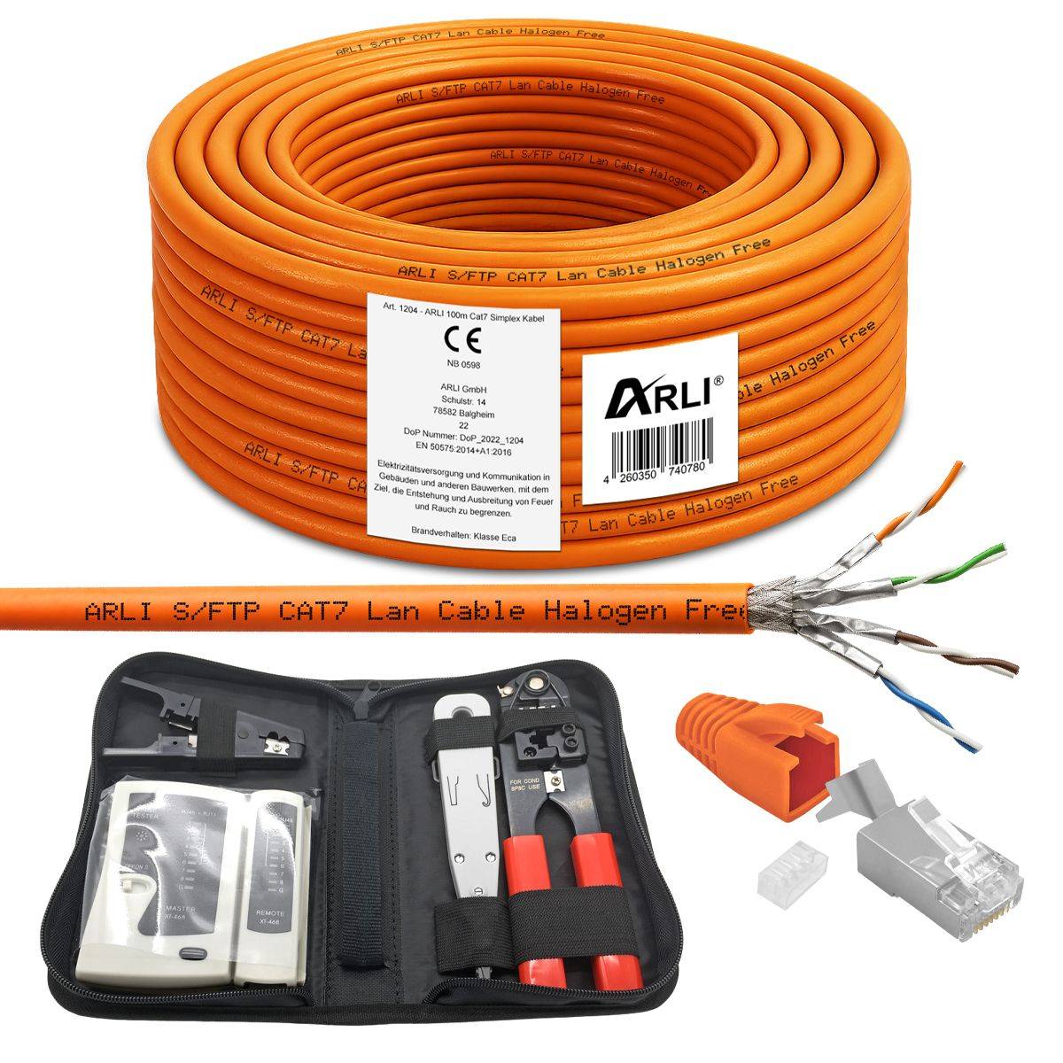 100m Cat7 Verlegekabel S/FTP PIMF + Werkzeugset + 20x RJ45 Netzwerkstecker-0