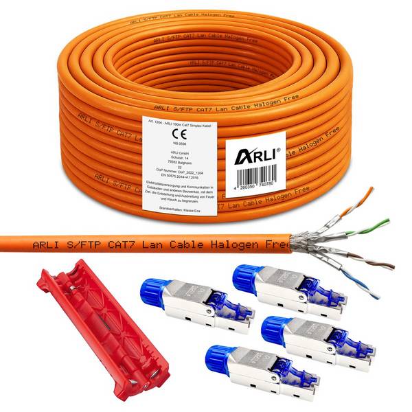 Cat7 Verlegekabel 100 m + 4x RJ45 Netzwerkstecker Cat8.1 werkzeuglos + Abisoliermesser