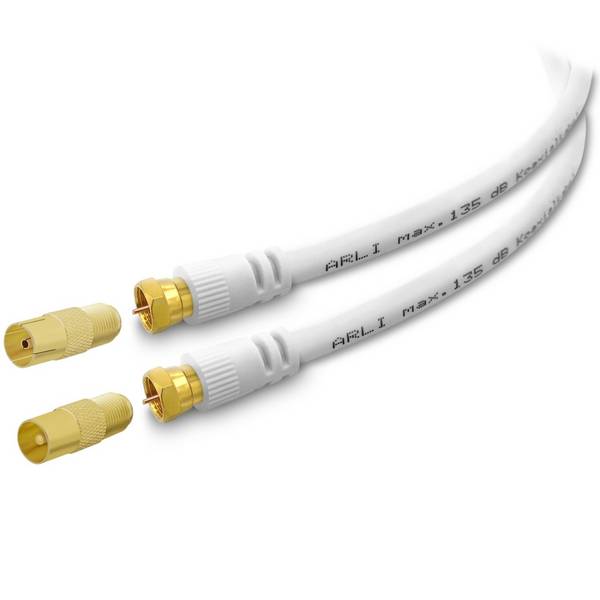 20m ARLI TV Antennenkabel weiß vergoldete F-Stecker & IEC Adapter