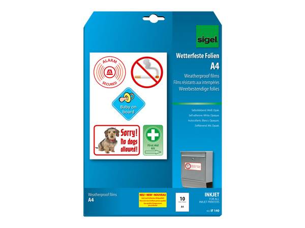 Sigel InkJet Film IF140 - Selbstklebend - 150 Mikron - Opaque - A4 (210 x 297 mm) 10 Blatt Folie / Film
