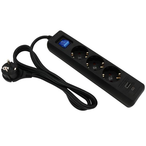 Steckdosenleiste 3 fach mit 2 USB Ladebuchsen Schalter 1,5 m Kabel schwarz