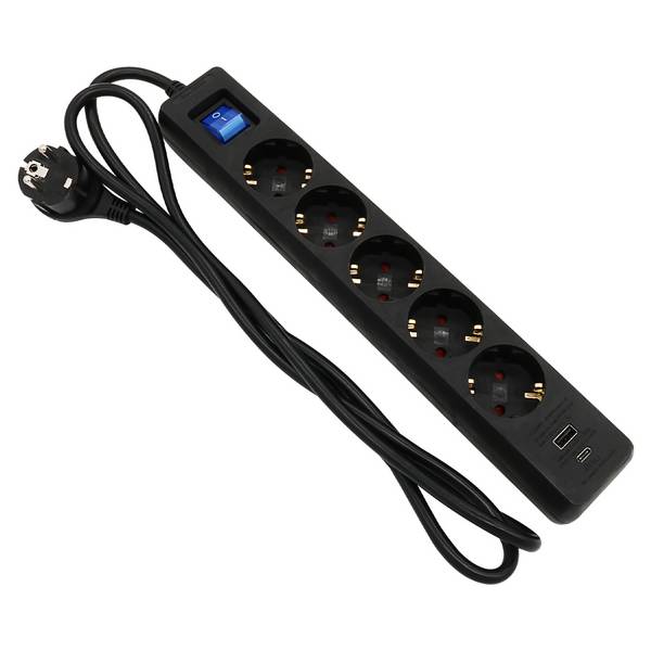 Steckdosenleiste 5 fach mit 2 USB Ladebuchsen Schalter 5 m Kabel schwarz