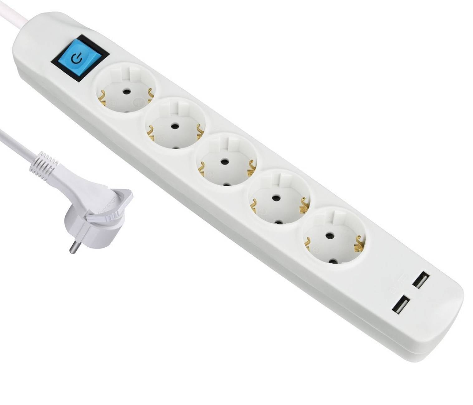 Steckdosenleiste 5 fach mit 2 USB Ladebuchsen 3m Kabel Schalter flachem Winkelstecker weiss