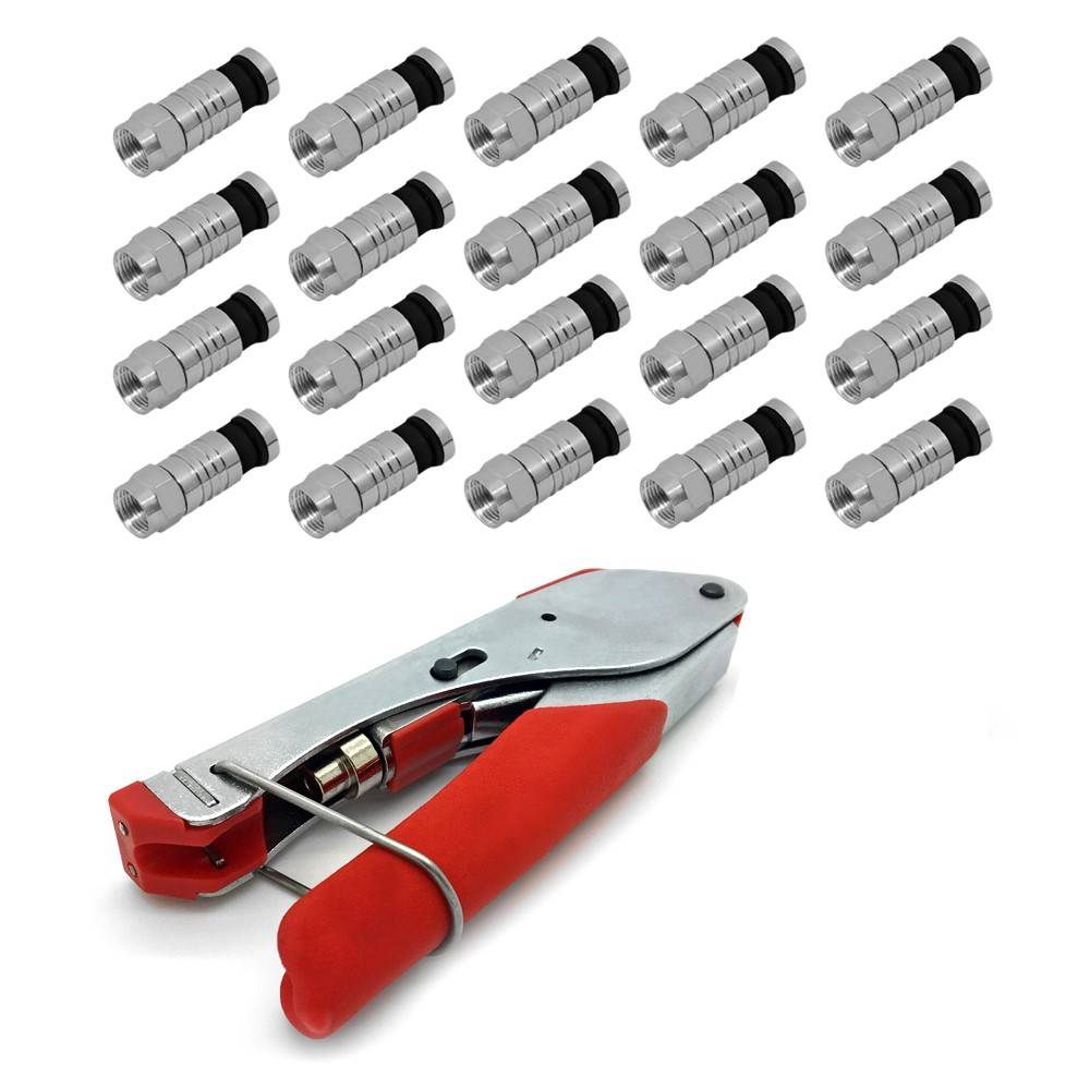 Kompressionszange + 20x F-Kompressionsstecker 7 – 7,5 mm – Crimpzange für SAT & Koaxialkabel wasserdicht-0