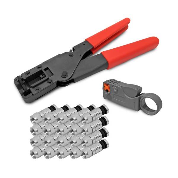 Kompressionszange + Abisolierer + 20x F-Kompressionsstecker 7 – 7,5 mm – Werkzeugset für SAT TV Koaxkabel-0