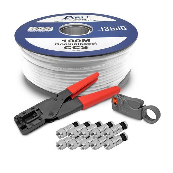 100m Koaxialkabel max. 135dB + Kompressionszange + Abisolierer + 20x Stecker
