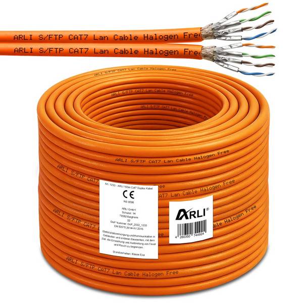 100m Cat7 Duplex Verlegekabel S/FTP PIMF halogenfrei LSZH Twin Netzwerkkabel für feste Installation orange