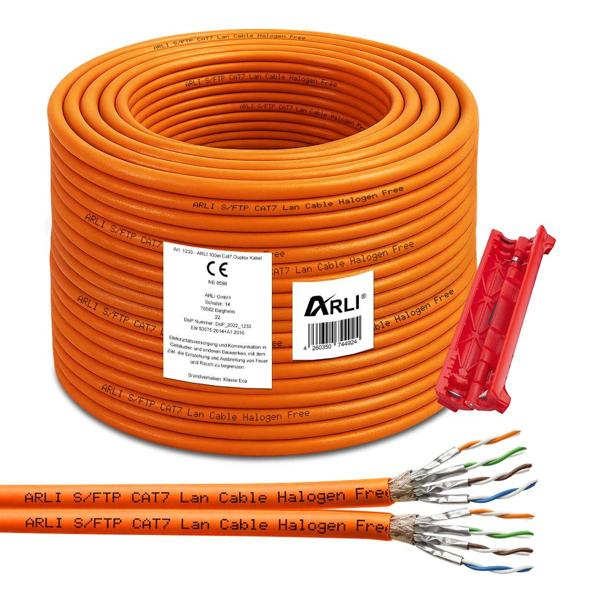Cat7 Duplex Verlegekabel 100m S/FTP PIMF LSZH Twin Netzwerkkabel + Abisoliermesser-0