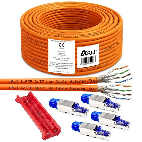 50 m Duplex Cat7 Verlegekabel S/FTP LSZH PIMF + 4x RJ45 Cat8.1 Stecker werkzeuglos