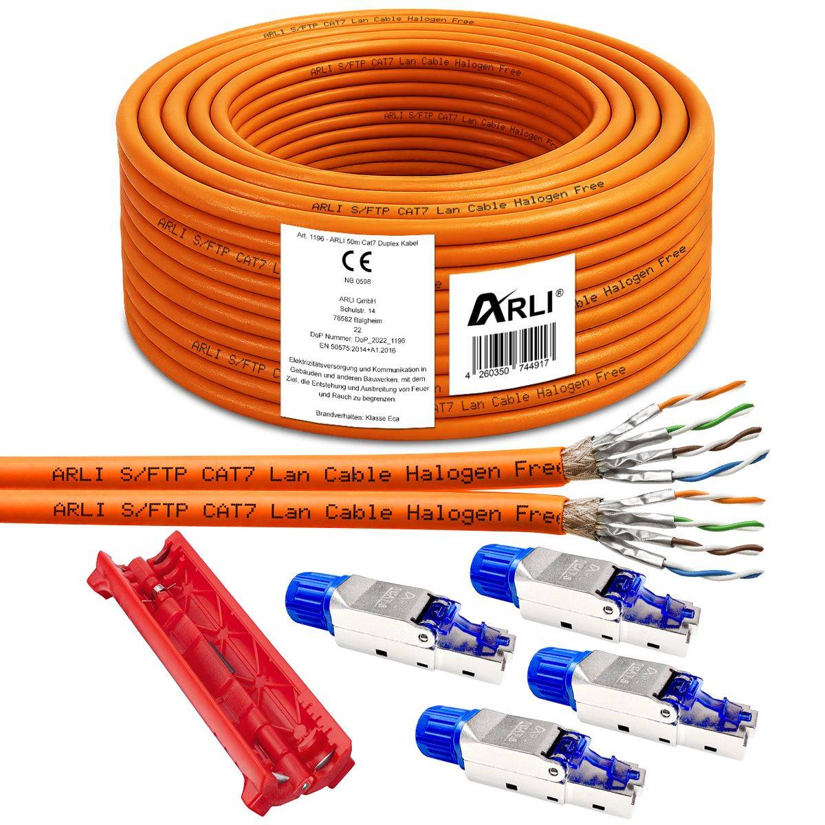 50 m Duplex Cat7 Verlegekabel S/FTP LSZH PIMF + 4x RJ45 Cat8.1 Stecker werkzeuglos-0