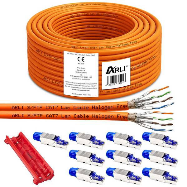 50 m Duplex Cat7 Verlegekabel S/FTP LSZH + 10x RJ45 Cat8.1 Stecker werkzeuglos