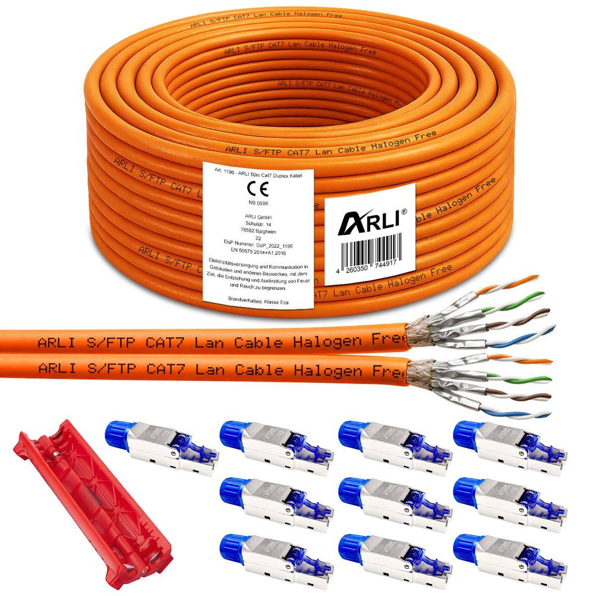 50 m Duplex Cat7 Verlegekabel S/FTP LSZH + 10x RJ45 Cat8.1 Stecker werkzeuglos-0