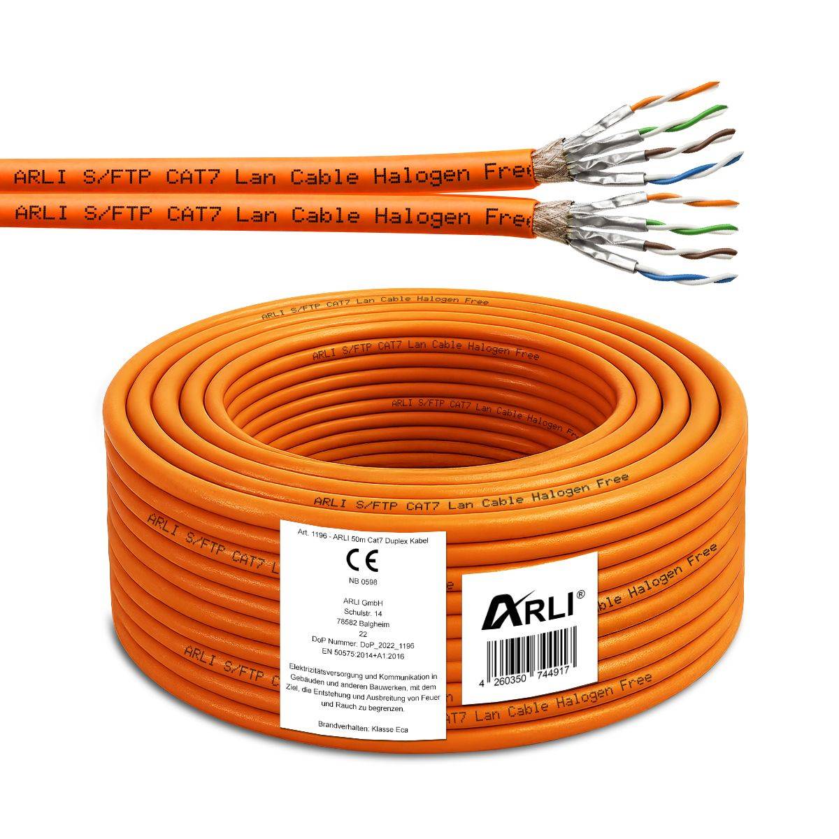 Symbolbild für 50 m Duplex Cat7 Verlegekabel S/FTP LSZH + 10x RJ45 Cat8.1 Stecker werkzeuglos
