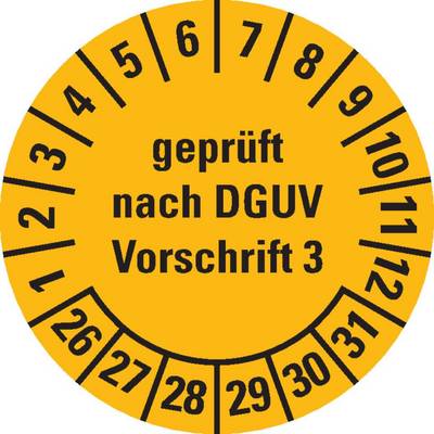 Prüfplakette geprüft nach DGUV Vorschrift 3,26-31,gelb,Folie,ablösbar,Ø 15mm,60/Bogen-0