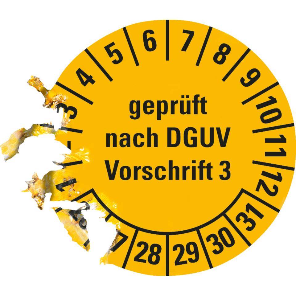 Prüfplakette geprüft nach DGUV Vorschrift 3 26-31, gelb, Dokumentenfolie, Ø20mm, 180/H-1