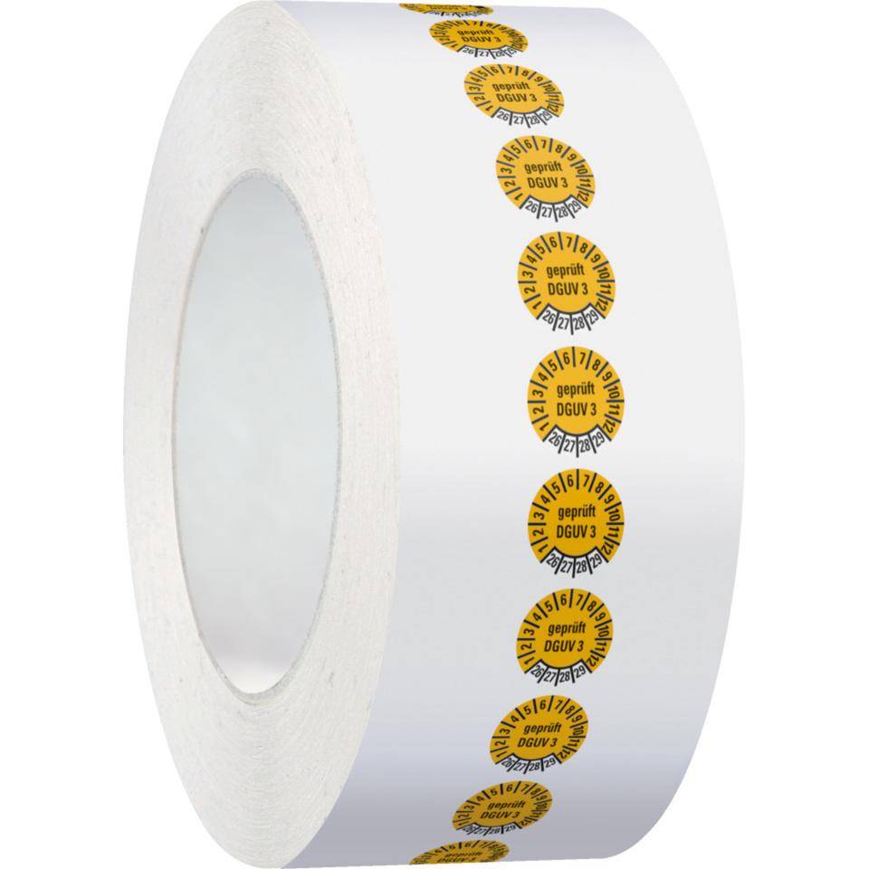 Prüfplakette geprüft nach DGUV 3,26-29,gelb,Folie,ablösbar,Ø 10mm,1000/Rolle-2