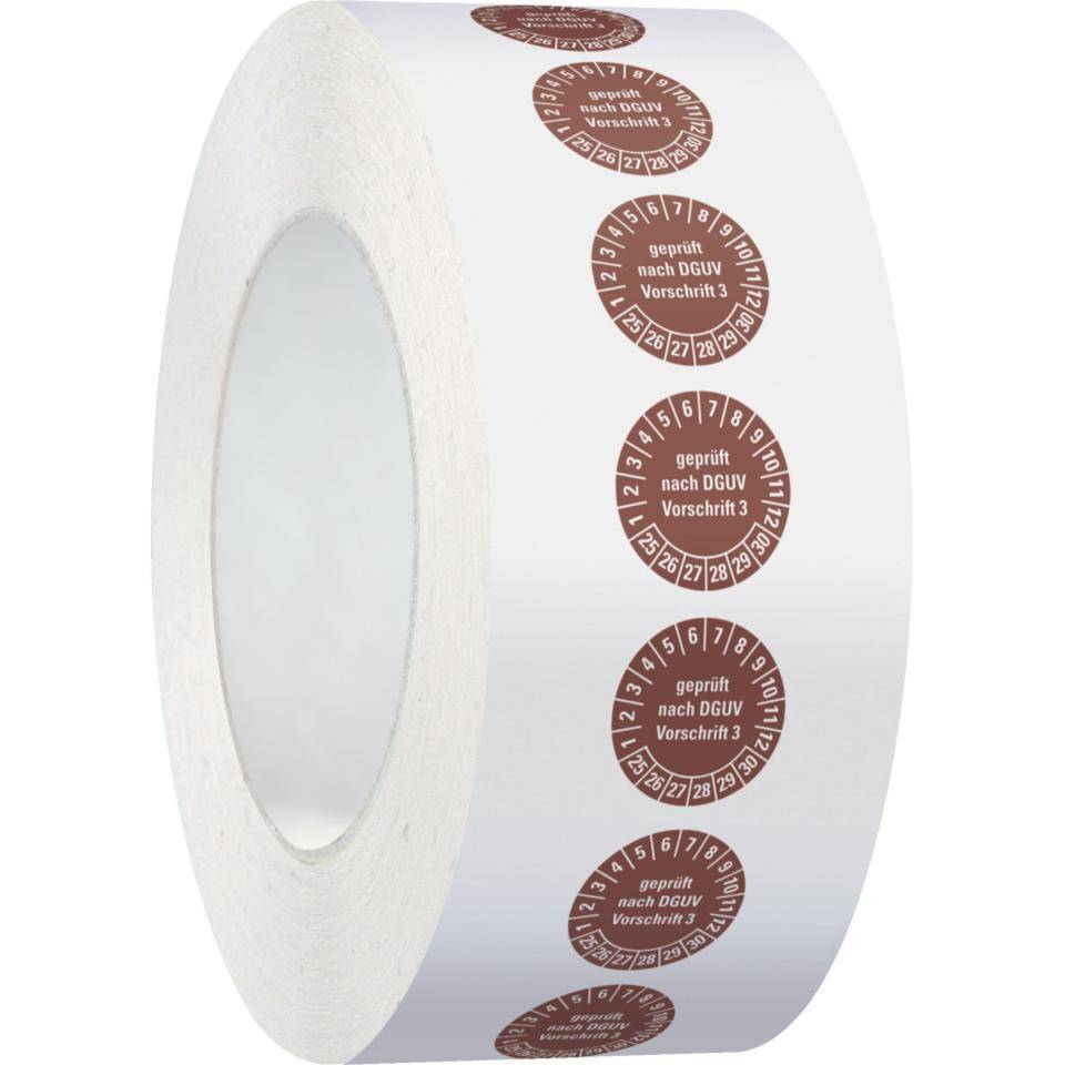 Prüfplakette geprüft nach DGUV Vorschrift 3,25-30,braun,Folie,ablösbar,Ø 15mm,1000/Rolle-3