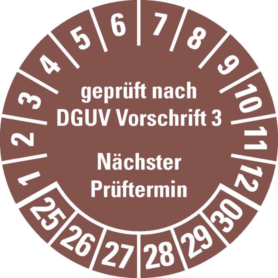 Prüfplakette geprüft nach DGUV Vorschrift 3 Nächster Prüftermin,25-30,braun,Folie,ablösbar,Ø 35mm,500/Rolle-0
