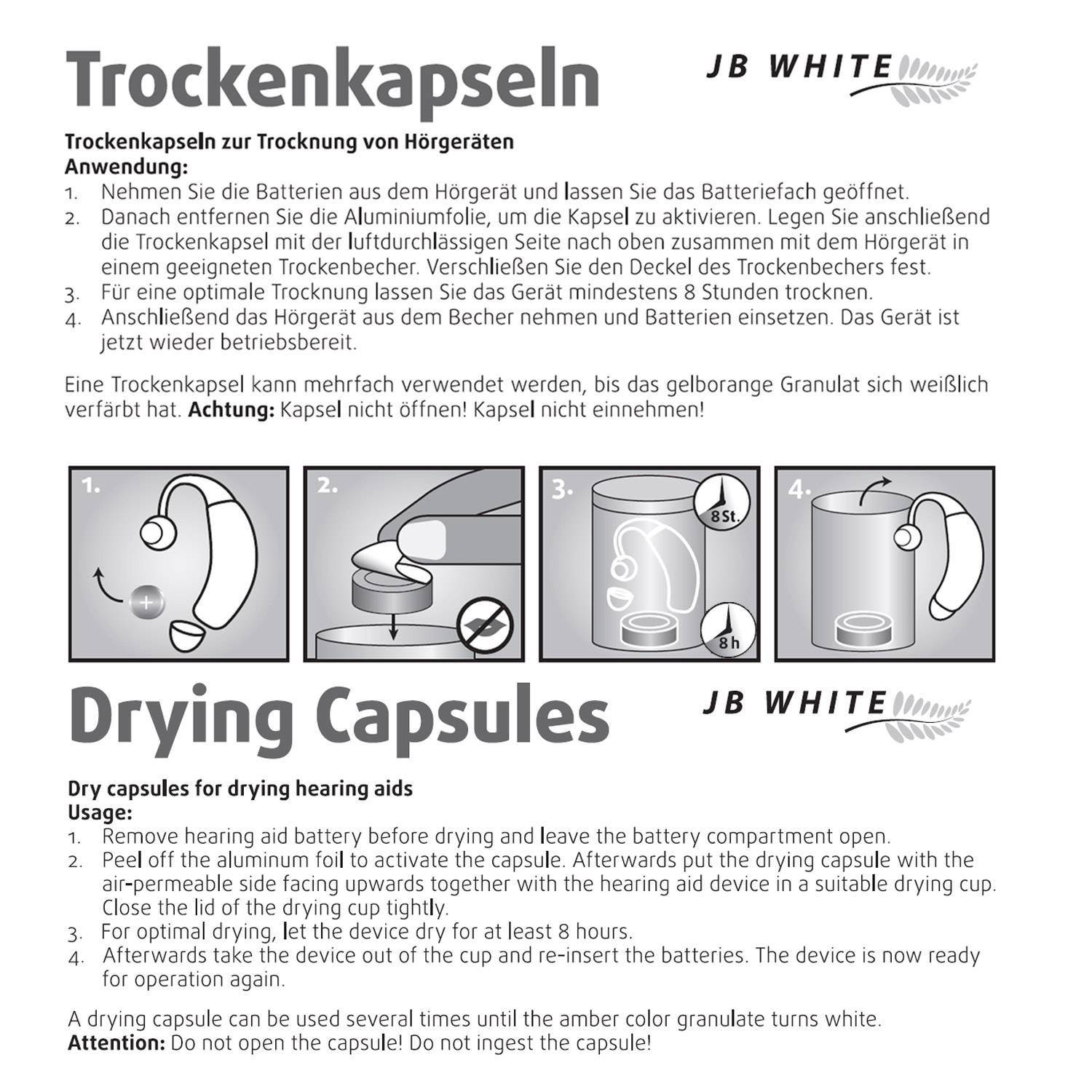 JB White 24 Trockenkapseln für Hörgeräte, Trocknungskapseln mit Farbindikator für Hörhilfen, Hörgerät-Trockentabletten-1