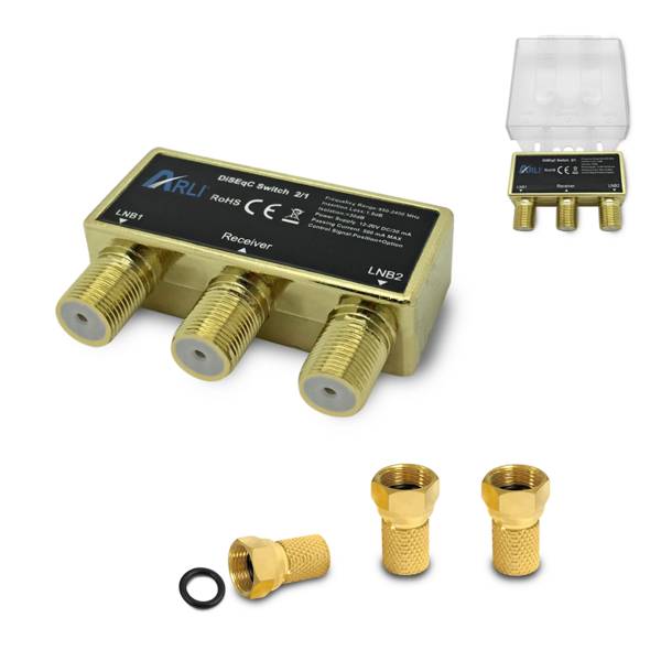ARLI DiSEqC Schalter 2/1 vergoldet + 3x F-Stecker | Umschalter für 2 LNBs