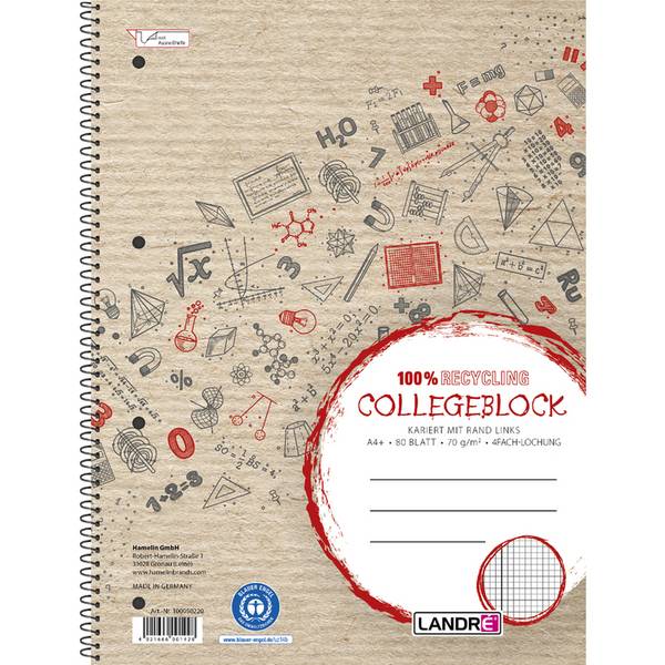 Herlitz LANDRE Collegeblock Recycling kariert DIN A4Bürokleinmaterial