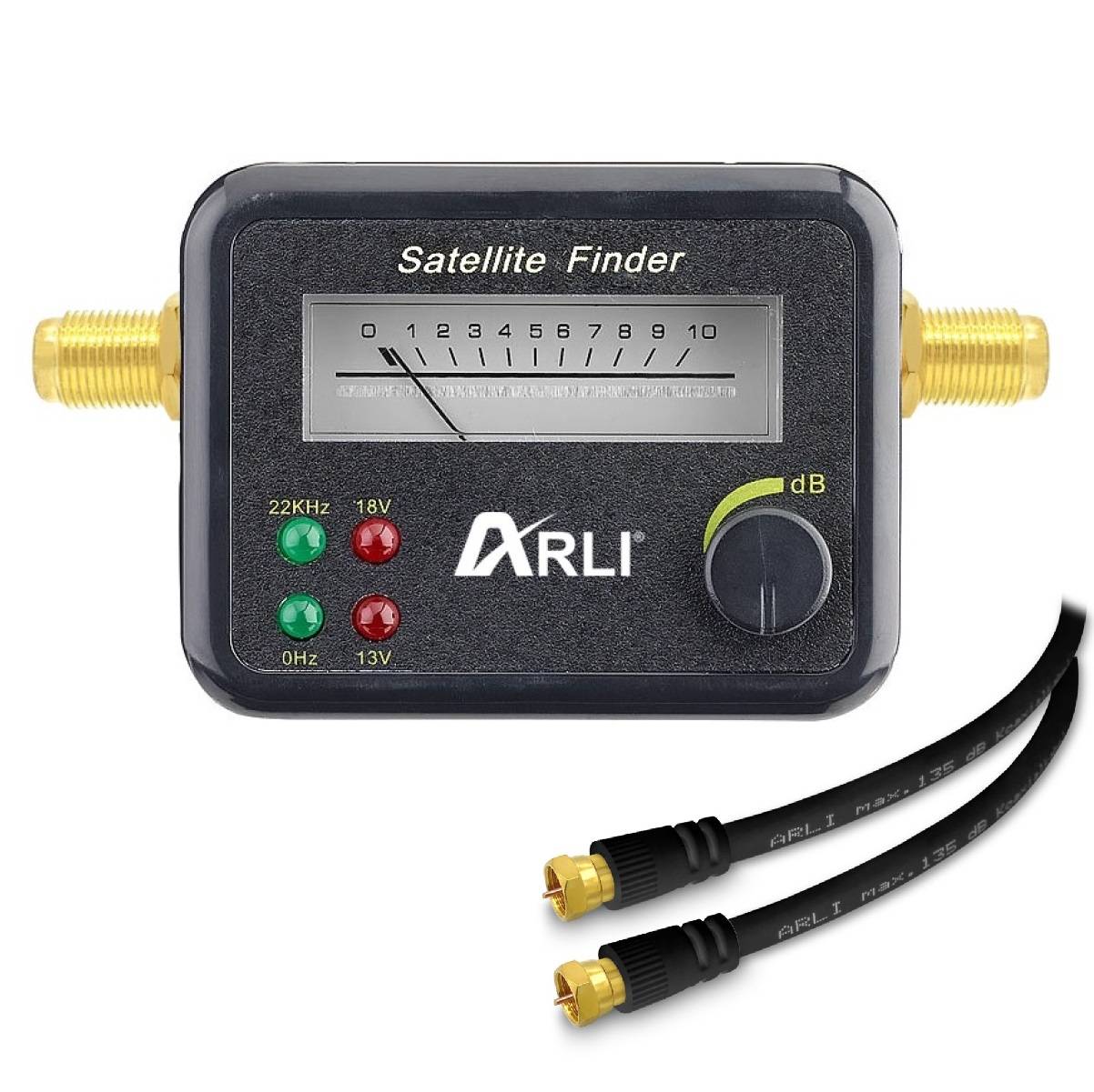ARLI Satfinder – Digitaler Satelliten Finder mit vergoldeten Anschlüssen Pegelanzeige Signalton + 2x F-Stecker-0