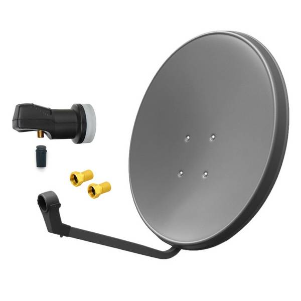 60cm HD Sat Anlage grau + Single LNB + 2x F-Stecker vergoldet