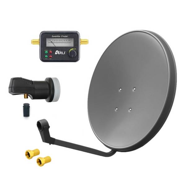 60cm HD SAT Anlage grau + Single LNB + Satfinder + 2x F-Stecker vergoldet