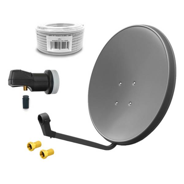 60cm HD SAT Anlage grau + Single LNB + 15m Koaxialkabel + 2x F-Stecker vergoldet