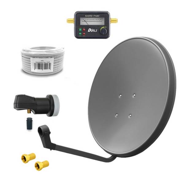 60 cm HD SAT Anlage grau + Single LNB + 20m Koaxialkabel + Satfinder + 2x F-Stecker vergoldet