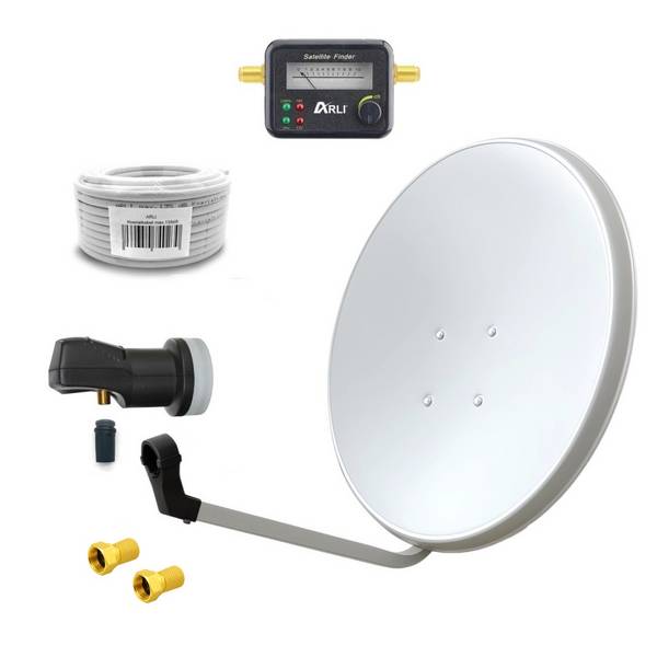 60 cm HD Sat Anlage weiss + Single LNB + 50m Koaxialkabel + Satfinder + 2x F-Stecker vergoldet