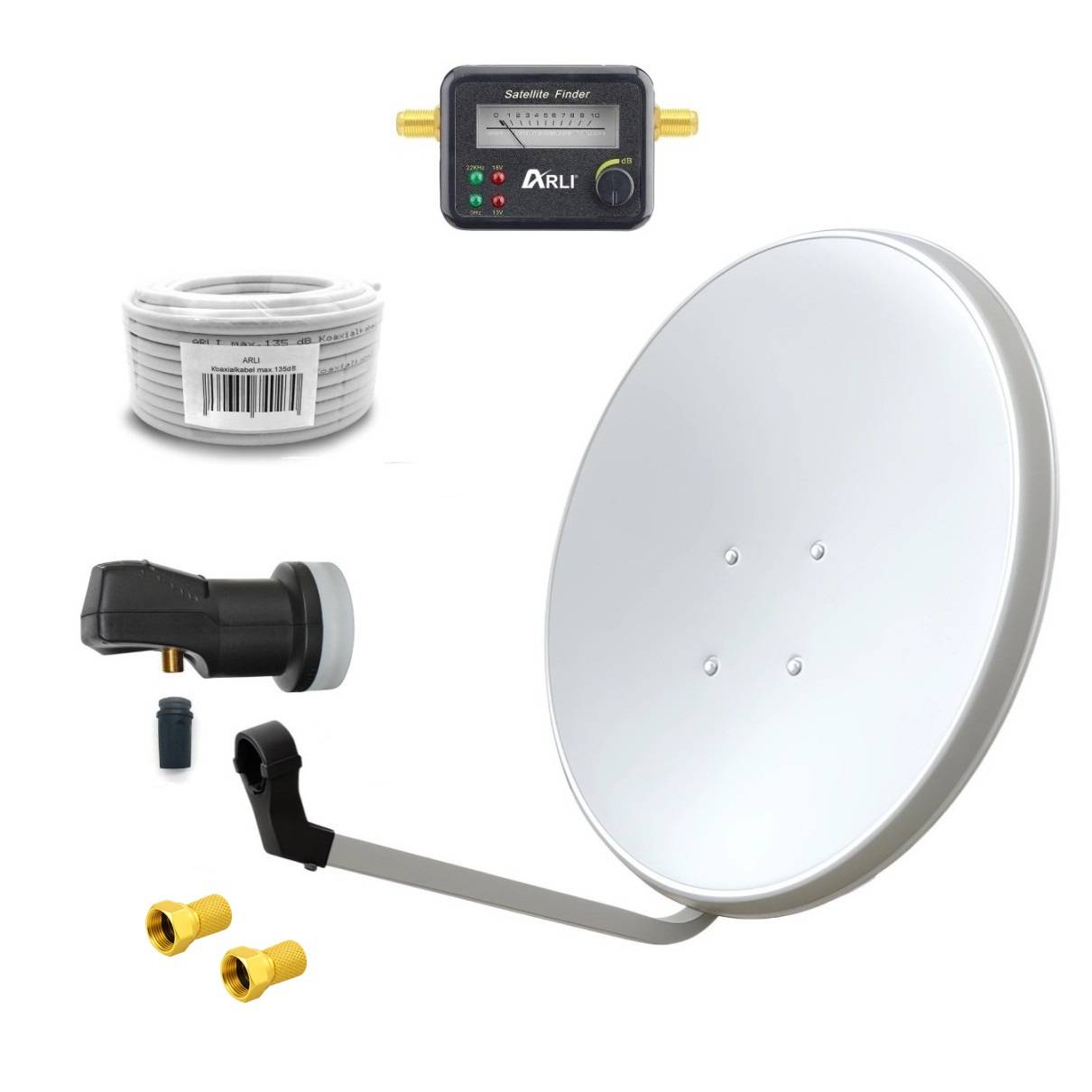 60 cm HD Sat Anlage weiss + Single LNB + 15 m Koaxialkabel + Satfinder + 2x F-Stecker vergoldet-0