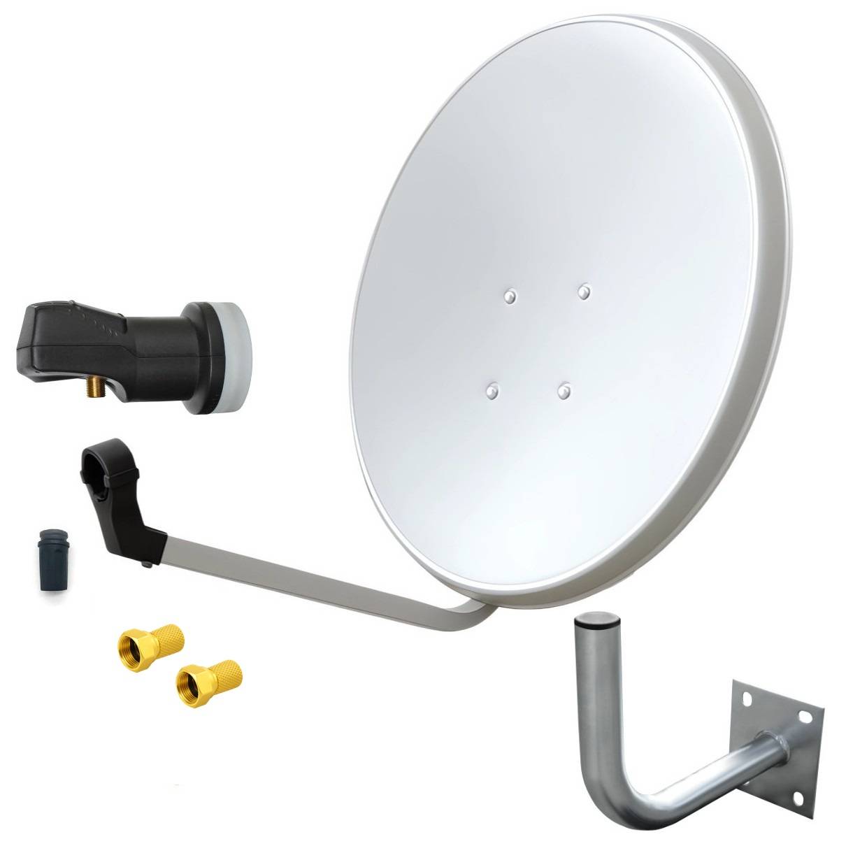 60 cm HD Sat Anlage weiss + Single LNB + Wandhalter 25 cm + 2x F-Stecker vergoldet-0