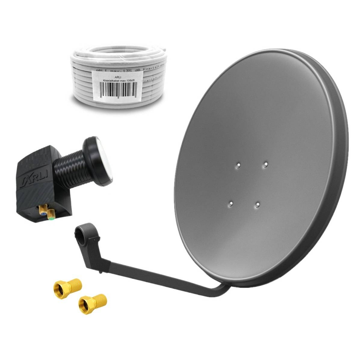 60cm HD Sat Anlage grau + Twin LNB + 50m Koaxialkabel + 2x F-Stecker vergoldet-0
