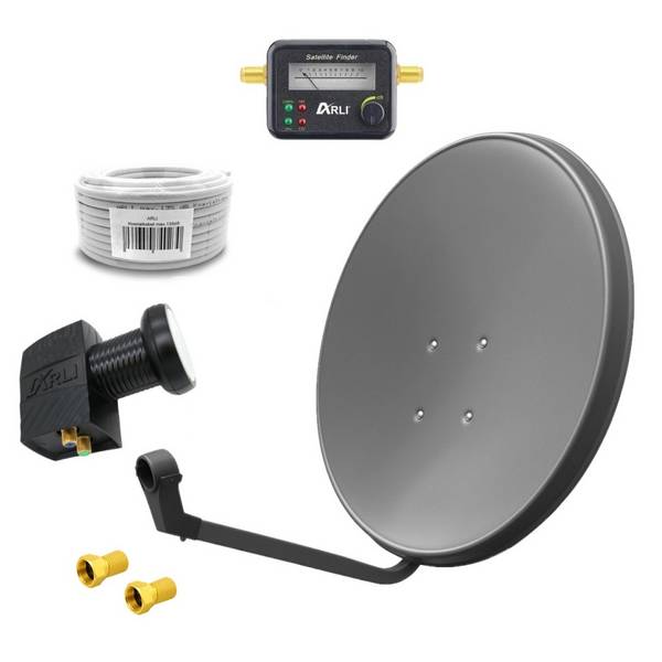 60cm HD Sat Anlage grau + Twin LNB + 10m Koaxialkabel + Satfinder + 2x F-Stecker vergoldet