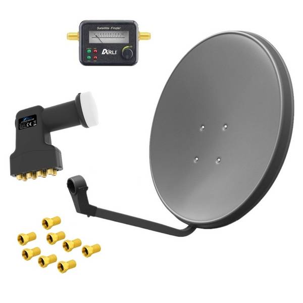 60cm HD SAT Anlage grau + Octo LNB + Satfinder + 8x F-Stecker vergoldet