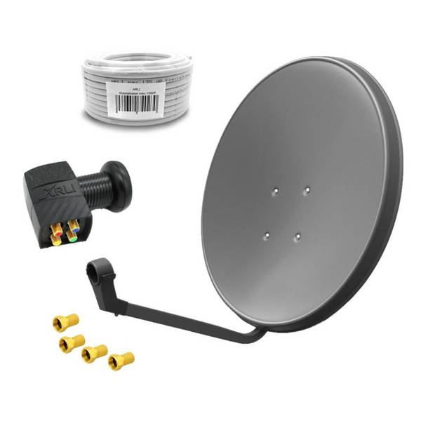 60cm HD Sat Anlage grau + Quad LNB + 50m Koaxialkabel + 4x F-Stecker vergoldet