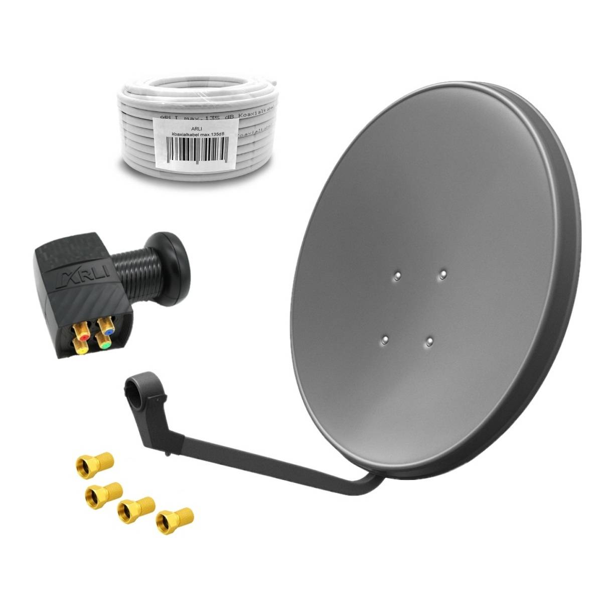 60cm HD Sat Anlage grau + Quad LNB + 20m Koaxialkabel + 4x F-Stecker vergoldet-0