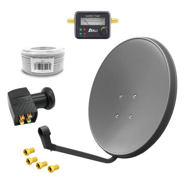 60 cm HD SAT Anlage grau + Quad LNB + 20m Koaxialkabel + Satfinder + 4x F-Stecker vergoldet