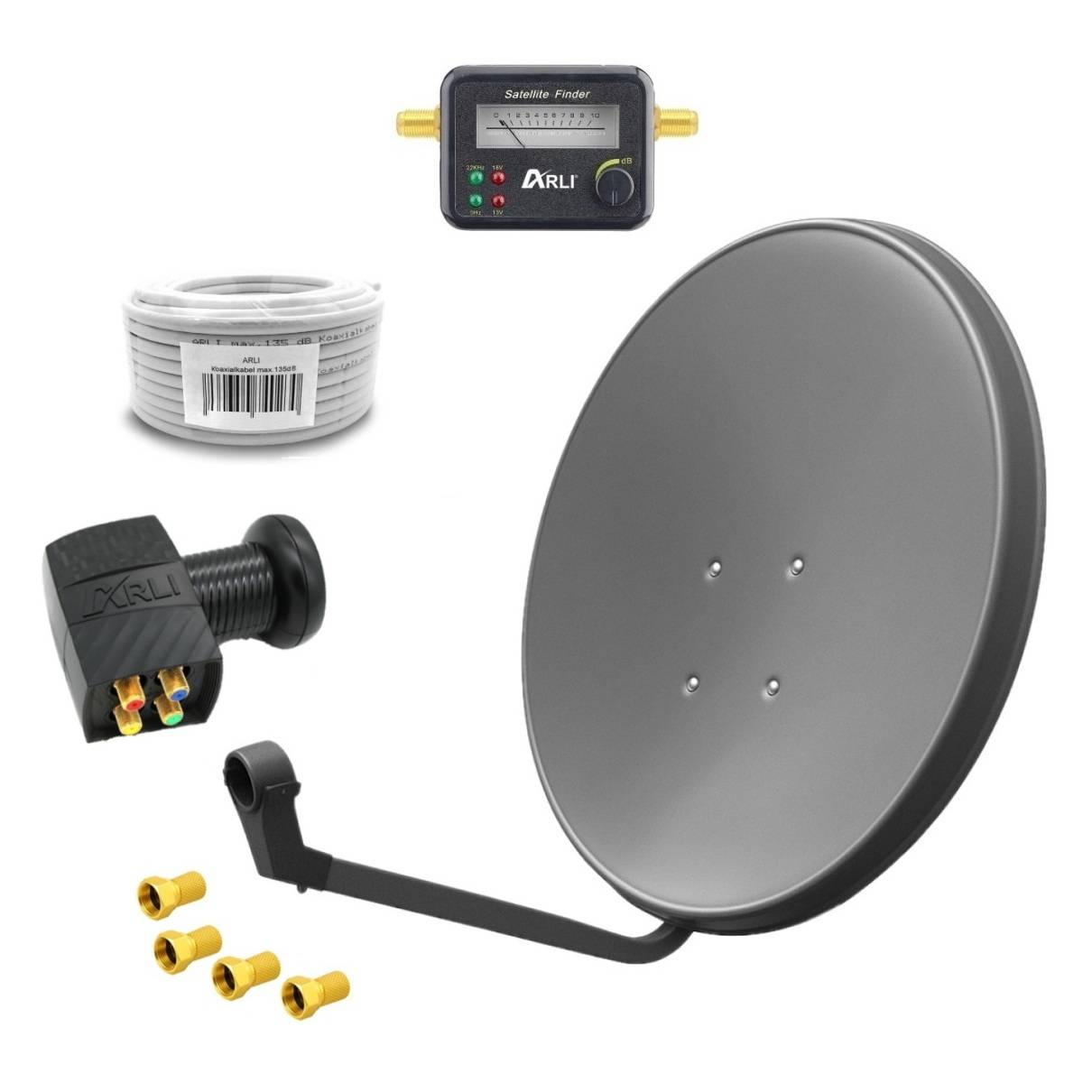 60 cm HD SAT Anlage grau + Quad LNB + 20m Koaxialkabel + Satfinder + 4x F-Stecker vergoldet-0