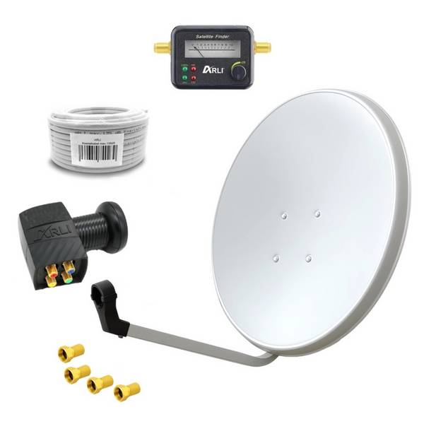 60 cm HD Sat Anlage weiss + Quad LNB + 50m Koaxialkabel + Satfinder + 4x F-Stecker vergoldet