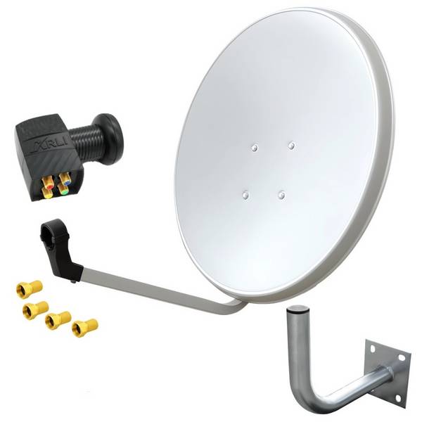 60 cm HD Sat Anlage weiss + Quad LNB + Wandhalter 25 cm + 4x F-Stecker vergoldet
