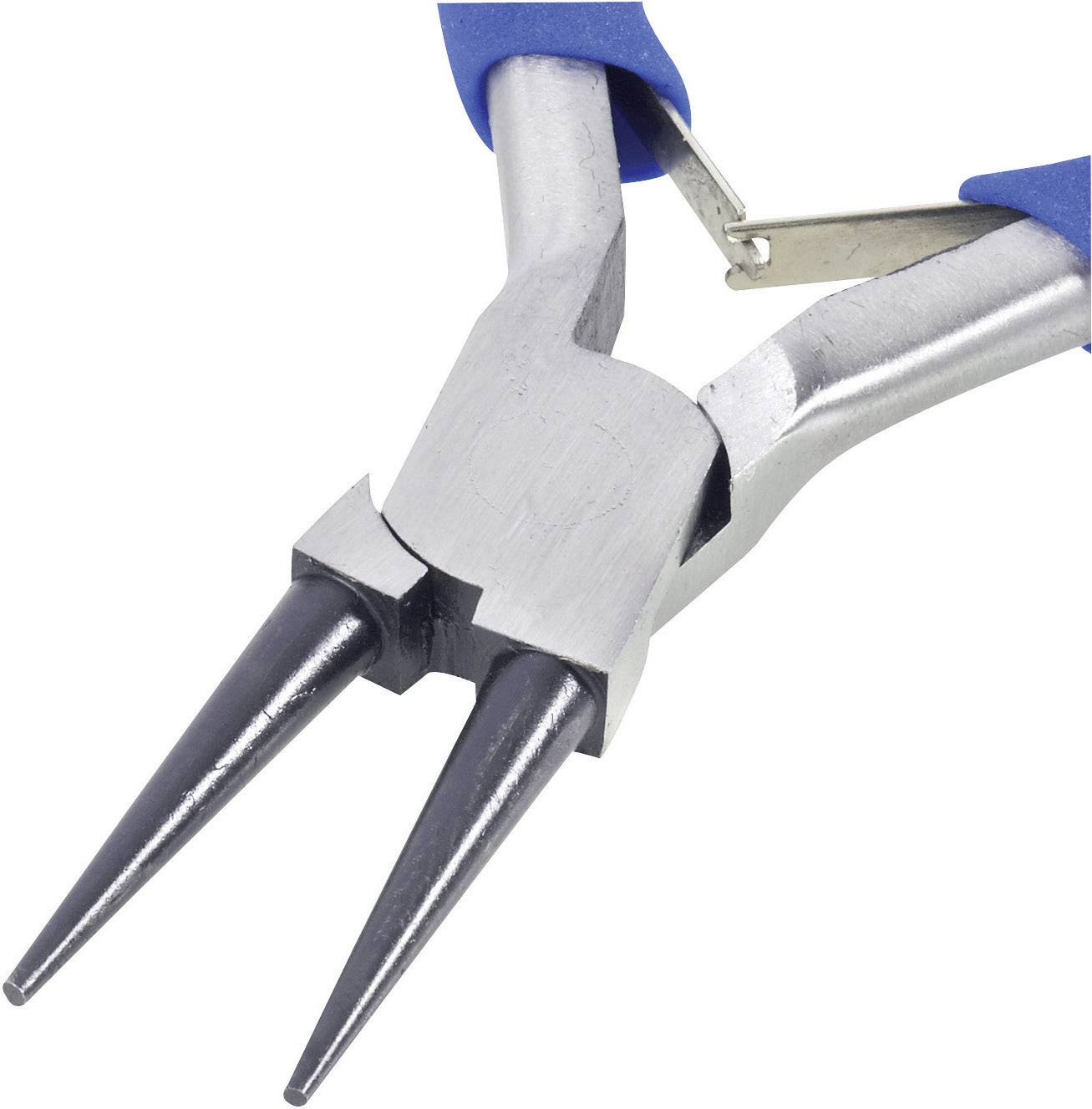 Ein silberfarbener Schmuckzange mit blauen Griffen, verwendet zum Biegen von Draht beim Schmuckdesign.