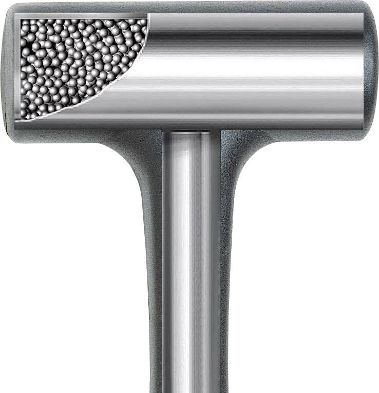 Ein Hammer mit einem Kopf aus Stahl, teilweise durchsichtig gezeigt, um kleine Metallkugeln im Inneren sichtbar zu machen.