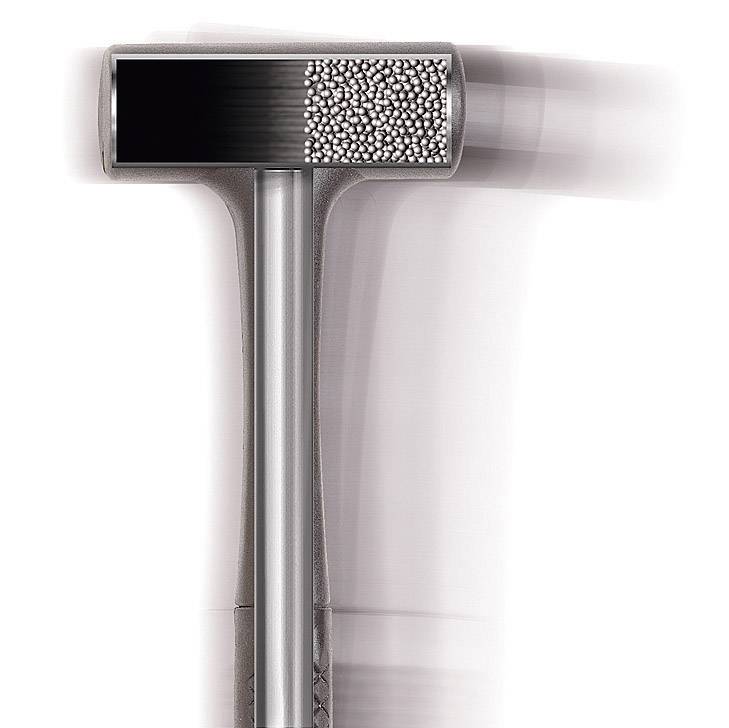 Ein modern gestalteter Hammer mit einem rechteckigen Kopf und Metallkugeln im Inneren, um Schwingungen zu dämpfen.
